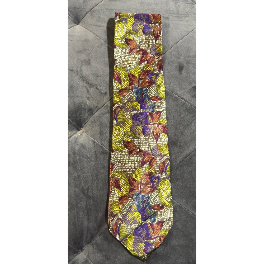 Audrey Buckner Vintage Silk Tie Mosaic Floral Geometric Stained Glass Yellow